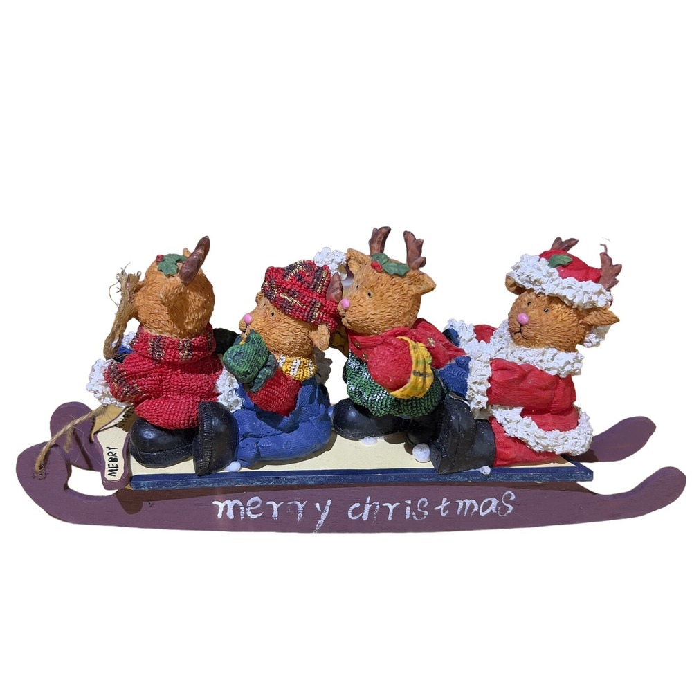 Merry Christmas Snow Sleigh 4 Reindeer Bears Decorative Funtime 11"x 4.5"x 2"